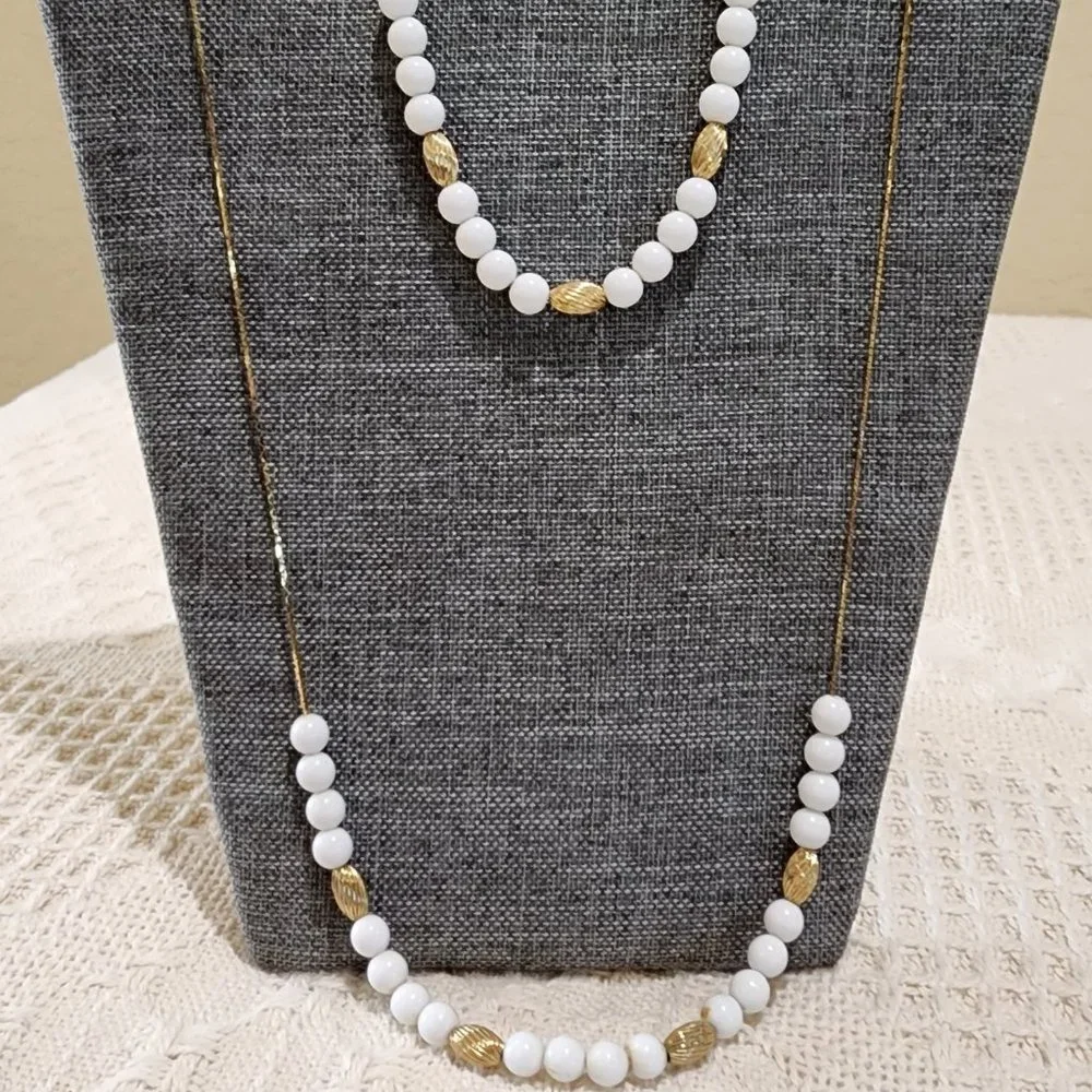 MCM 2 x Vintage Floating Round White and Spiral Gold Bead Gold Chain Necklace